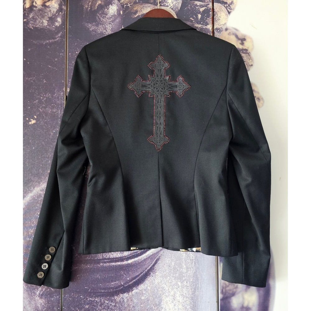 GLAMOUR CAMPAIGN Black Blazer Animal Print Lining Embellished Cross Detail sz 8